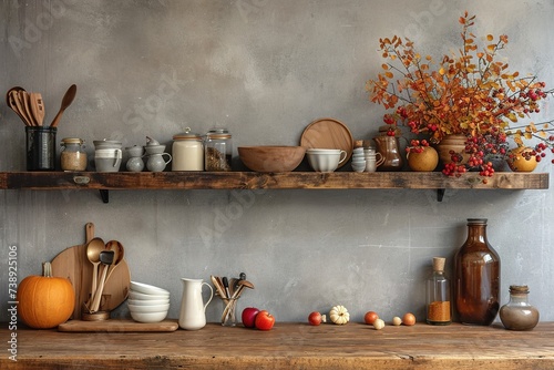 Kitchen utensils and dishware on wooden shelf. Autumn kitchen interior background