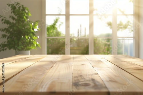 The background is a light wooden table in the foreground. Large bright window with sunlight and green indoor plants in the background