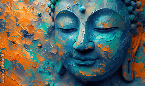 colorful vivid golden buddha face, buddhism religion concept, closeup multicolored portrait of buddha with closed eyes