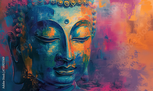 colorful vivid golden buddha face, buddhism religion concept, closeup multicolored portrait of buddha with closed eyes
