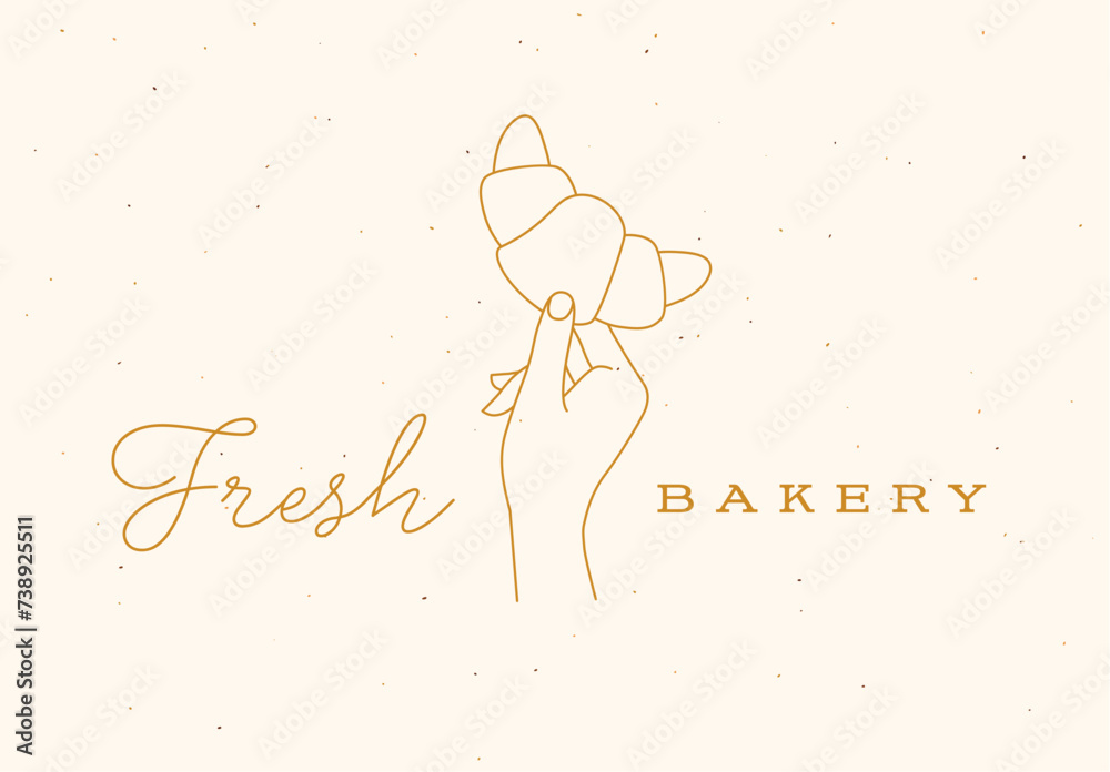 Hand holding croissant with lettering fresh bakery drawing in linear style on beige background
