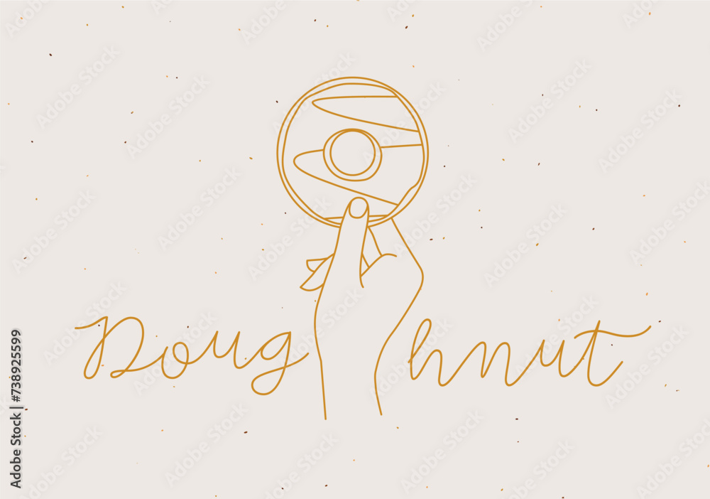 Hand holding doughnut with lettering drawing in linear style on beige background