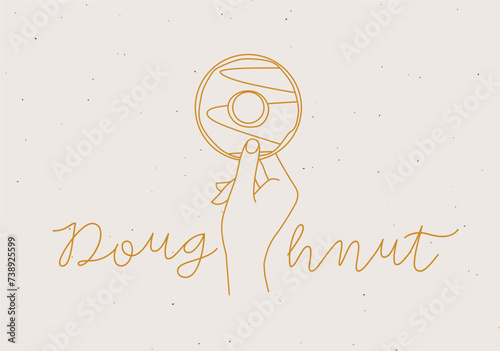 Obraz na płótnie Hand holding doughnut with lettering drawing in linear style on beige background w salonie
