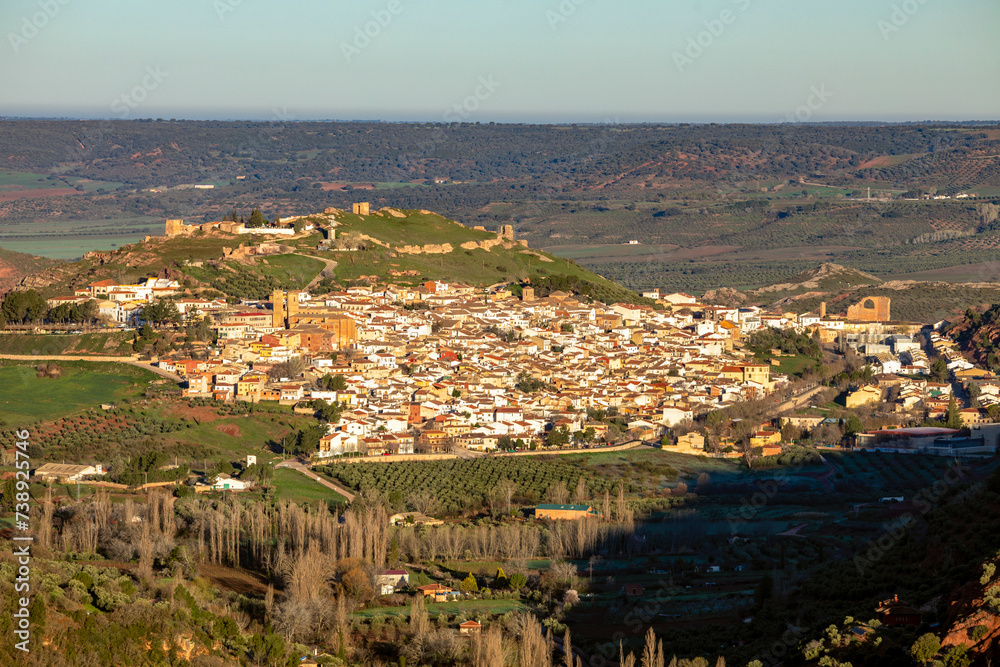 Fototapeta premium Generic view from the distance of the typical monumental town of Alcaraz, Albacete, Castilla la Mancha, Spain on a hill
