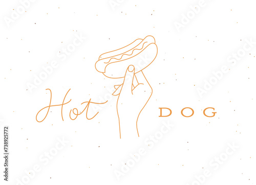 Hand holding hot dog with sausage and lettering drawing in linear style on light background