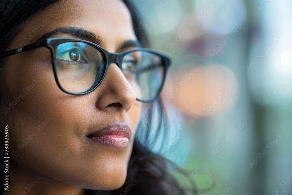 close-up shot of an Indian business woman's face as she enjoys a moment of reflection during a break in her busy schedule, minimalistic style, close-up shot of an Indian business woman's face as she enjoys a moment of reflection during a break in her busy schedule, minimalistic style,