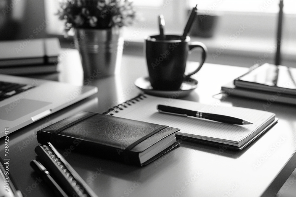 Naklejka premium detailed photograph of an Indian business woman's desk with minimal clutter, featuring only essential tools for productivity, such as a sleek pen and notepad, minimalistic style,