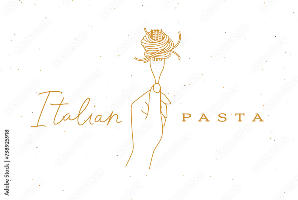 Hand holding fork with spaghetti lettering italian pasta drawing in linear style on beige background