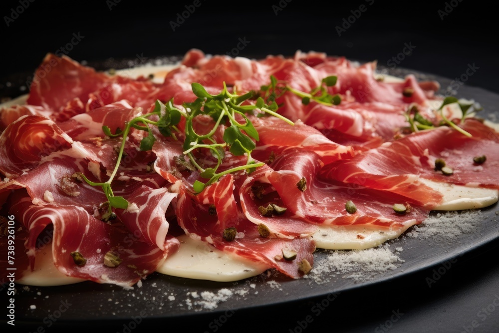 Black plate beef carpaccio with greens, elegant food presentation Black plate beef carpaccio with greens, elegant food presentation