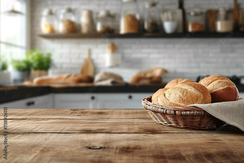 Luxury wooden kitchen tabletop with bread basket, empty space for montage on blurred modern kitchen background.