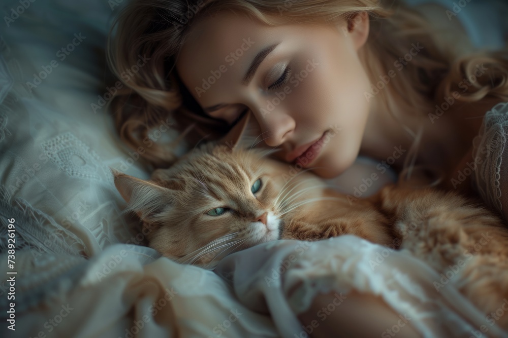 Tranquil woman enjoying peaceful moments with her cat indoors
Tranquil woman enjoying peaceful moments with her cat indoors
