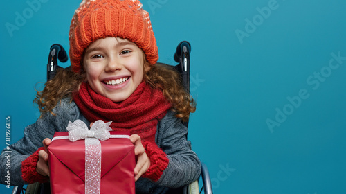 Happy girl in wheelchair holds in hands a gift box isolated in blue backdrop
