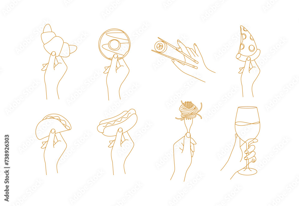 Hand holding food croissant, doughnut, sushi, pizza, taco, hot dog, spaghetti, wine drawing in linear style on beige background
