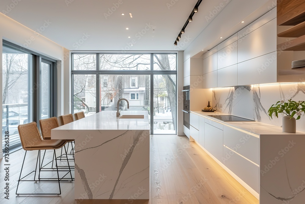 Minimalistic white panoramic kitchen with table