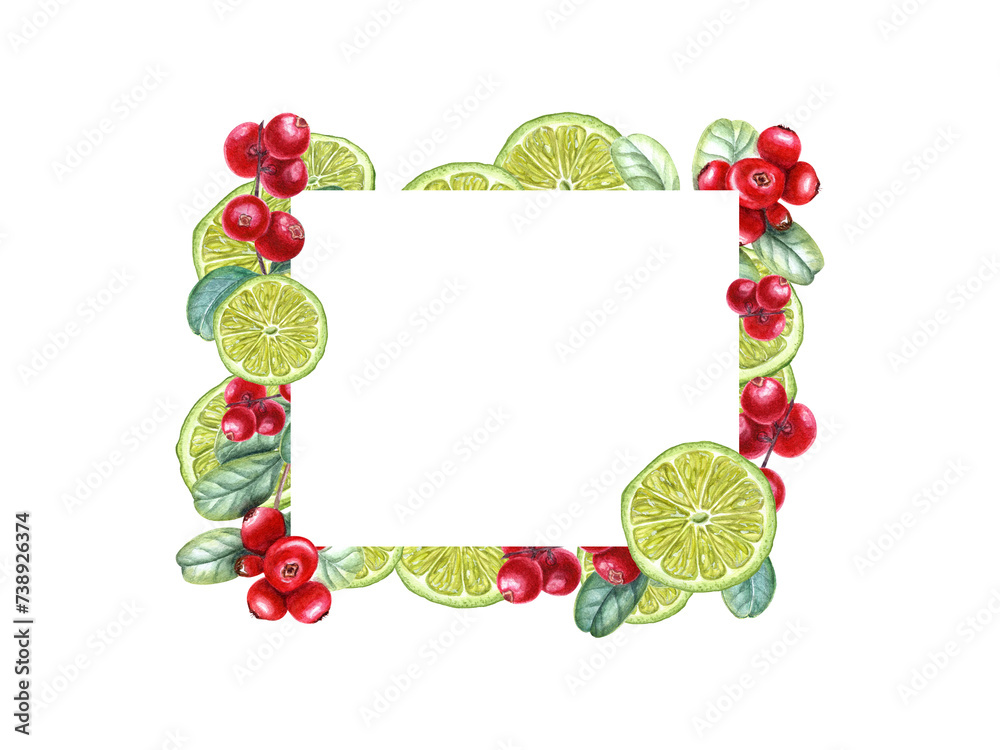 Lime slices, cowberries. Citrus, red berries, green leaves. Tropical fruit and forest berry. Lingonberry. Red and yellow. Watercolor illustration isolated on white. Space for text.