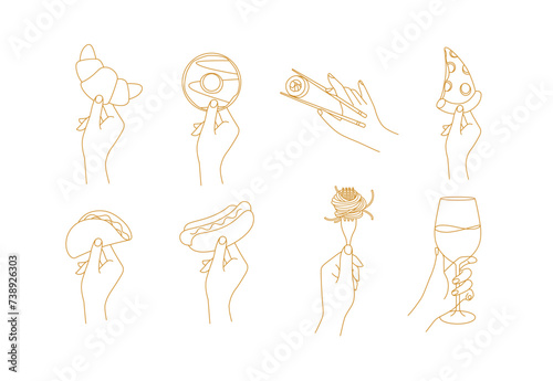 Obraz na płótnie Hand holding food croissant, doughnut, sushi, pizza, taco, hot dog, spaghetti, wine drawing in linear style on beige background w salonie