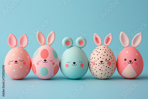 creative diy Easter eggs with bunny and mouse ears on soft blue background. Easter card,