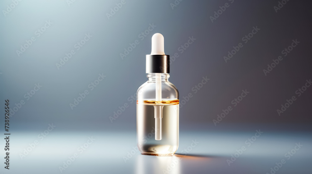 Transparent bottle filled with facial care liquid showcased on a light background, offering a clean and minimalist presentation for skincare products. Transparent bottle filled with facial care liquid showcased on a light background, offering a clean and minimalist presentation for skincare products.