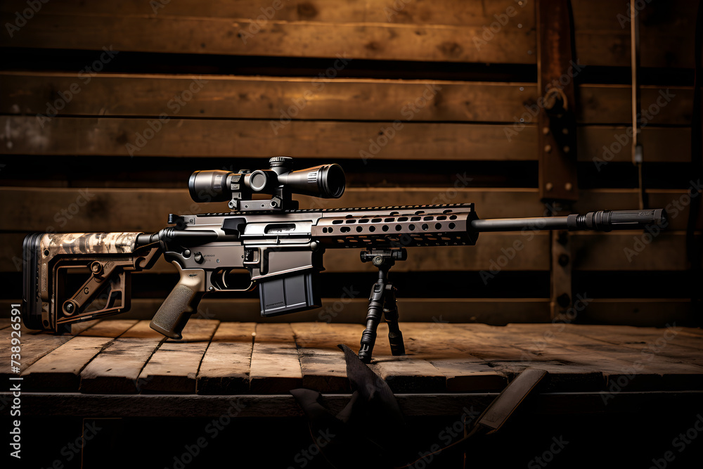 Intricate Design and Superior Craftsmanship of FN Ballista Precision Rifle Displayed on Rustic Wooden Background - obrazy, fototapety, plakaty 