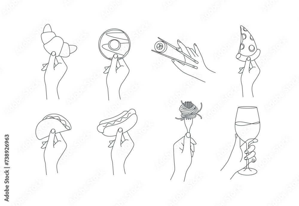Hand holding food croissant, doughnut, sushi, pizza, taco, hot dog, spaghetti, wine drawing in linear style on white background