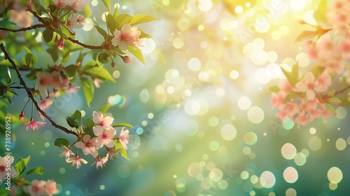 Spring nature background, springtime cherry blossom with green leaves with sun light and bokeh © Eric