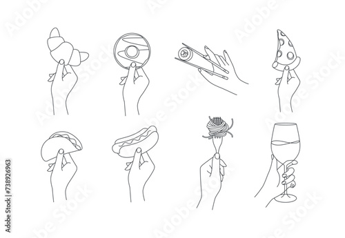 Obraz na płótnie Hand holding food croissant, doughnut, sushi, pizza, taco, hot dog, spaghetti, wine drawing in linear style on white background w salonie