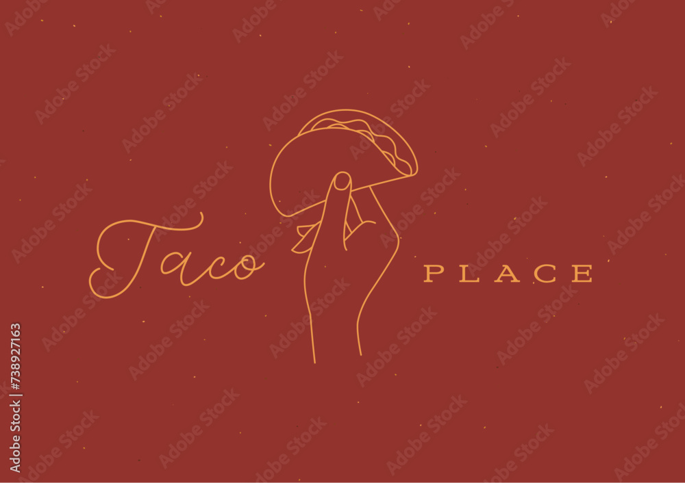 Hand holding taco with lettering drawing in linear style on beige background