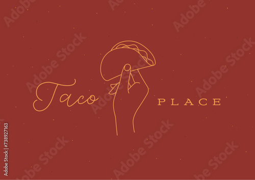 Obraz na płótnie Hand holding taco with lettering drawing in linear style on beige background w salonie