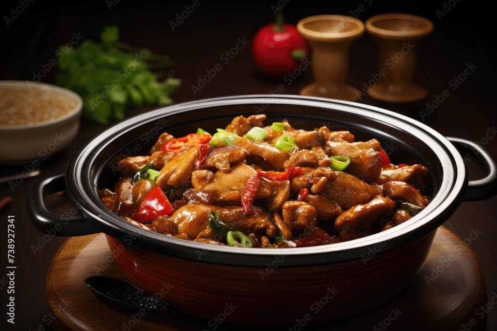 Chinese national dish, sweet and sour chicken in clay pot.