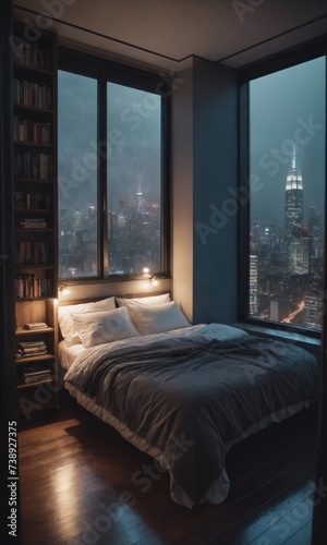 Cramped bedroom with floor to ceiling glass windows overlooking a city at night