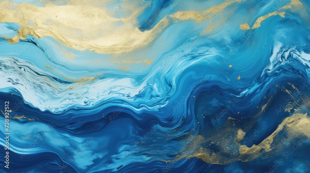 Marbled Paint Background in Blue and Golden Colors. Texture of Abstract Swirls and Waves Resembling