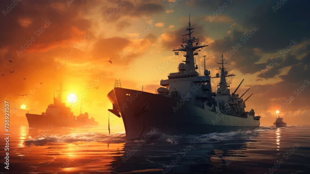 Naval Warship during Sunset with Navy Ships in the Sea. Dramatic orange Light in the Background