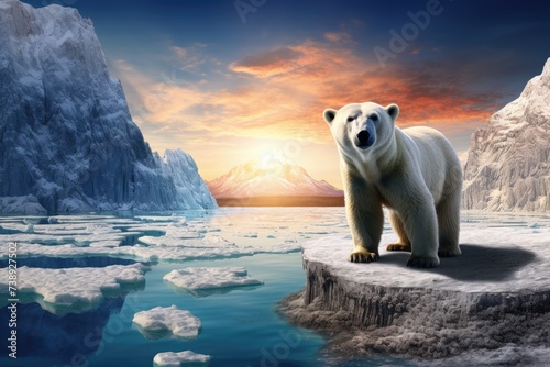 Global Warming Effects on Polar Bears. Melting Glacier and Ice Due to Climate Change in Antarctica