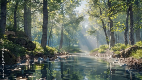 Serene Forest Stream - A Tranquil Nature Escape. Experience the calm and soothing ambiance of a forest stream, as the gentle flow of water intertwines with the lush greenery of the woods. Perfect for 