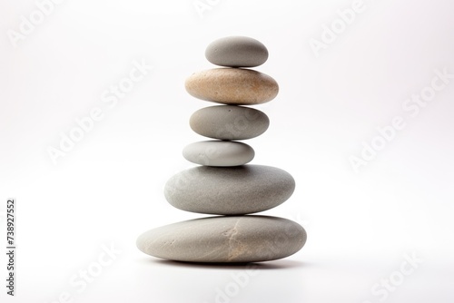 Stacked Smooth Grey Stones on White Background. Sea Pebble for Spa and Zen. Balancing Pebbles