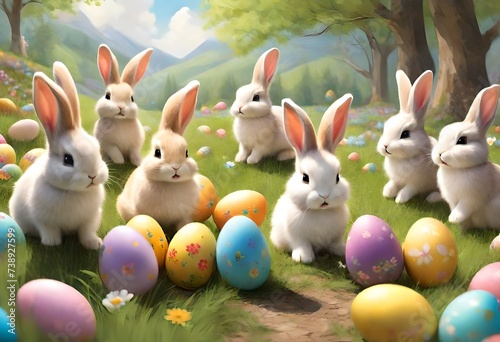 The whimsical moment when a group of adorable baby bunnies gleefully follows their elder Happy Easter Bunny