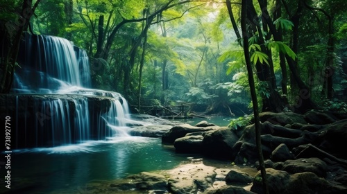 Jungle Rain Forest Scenic Landscape Featuring the Stunning Erawan Waterfall in Kanchanaburi.