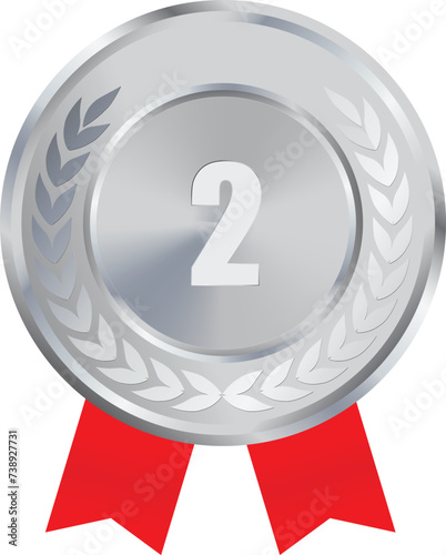 Realistic Silver Medal with red ribbon Vector, 2nd Silver Award, 2nd Prize, Silver Challenge Award red ribbon, Medal Award winner, First place trophy, Silver Coin winner
