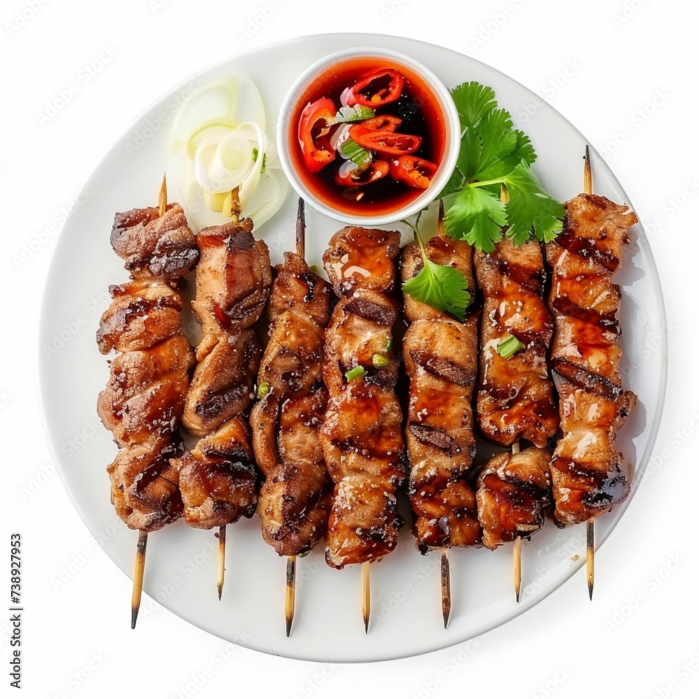 Thai pork skewers with sauce in white plate isolated on white background.