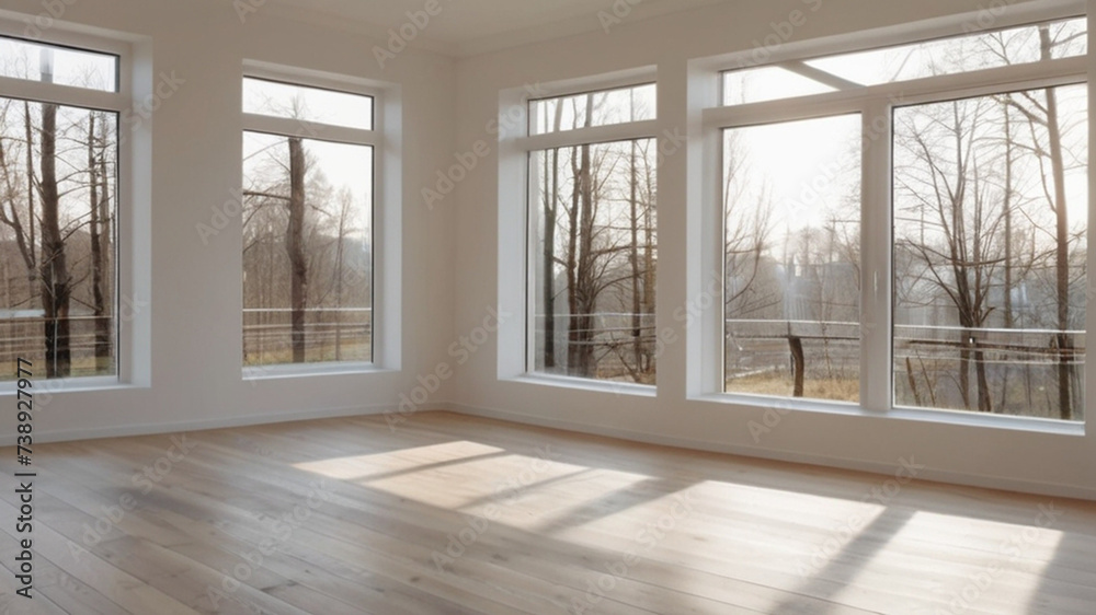 Empty new apartment with windows, hardwood, lots of natural lights and view of beautiful autumn forest Empty new apartment with windows, hardwood, lots of natural lights and view of beautiful autumn forest