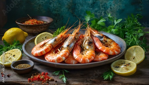 Grilled shrimps in plate served with lemon and spices  Seafood for healthy nutrition 