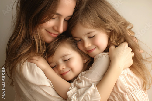 two very young girls snuggle with their mother in a white studio