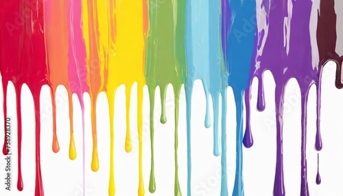 Rainbow colored paint dripping on white background. Banner with colored oil streaks
