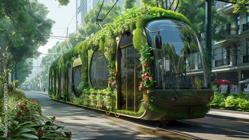 A city tram embellished with lush green plants cruises the streets