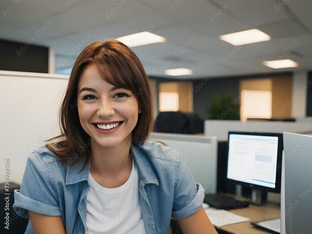 Beautiful young American woman at work smiling Beautiful young American woman at work smiling
