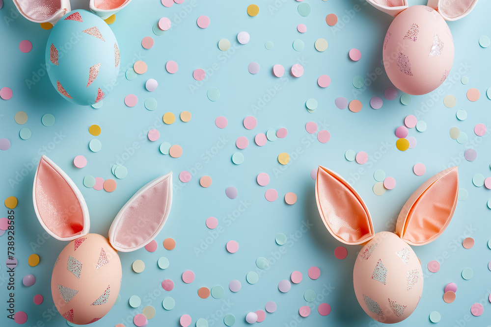 Obraz premium top view of creative Easter eggs with bunny ears on blue background. space for text. easter card