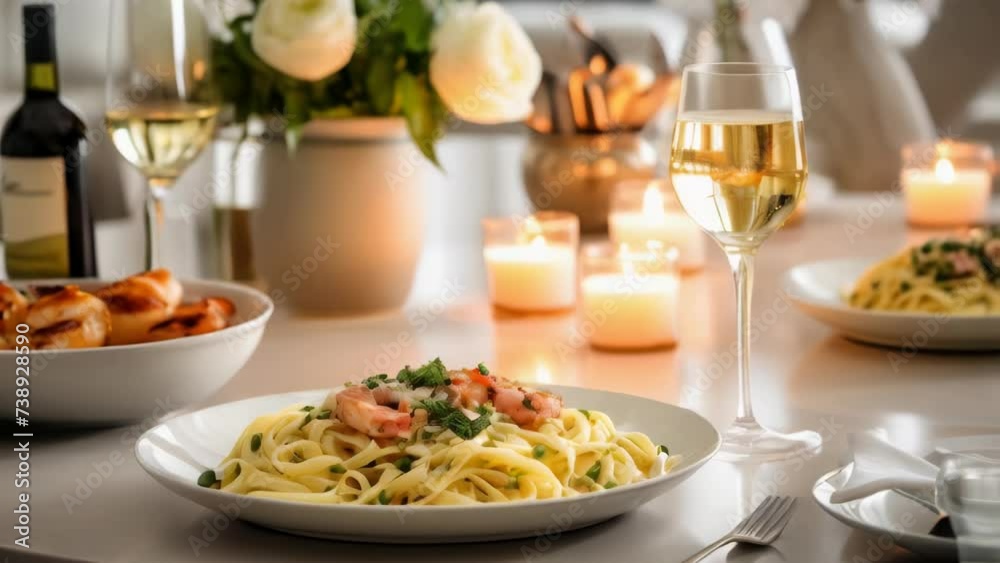 Plate of pasta and glass of wine on table