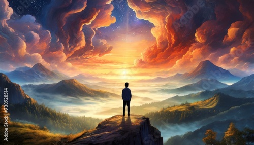 Silhouette of alone person looking at heaven. Lonely man standing in fantasy landscape with shining cloudy sky. Meditation and spiritual life photo