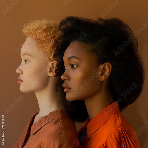 women with different hair colors standing side by side, photo