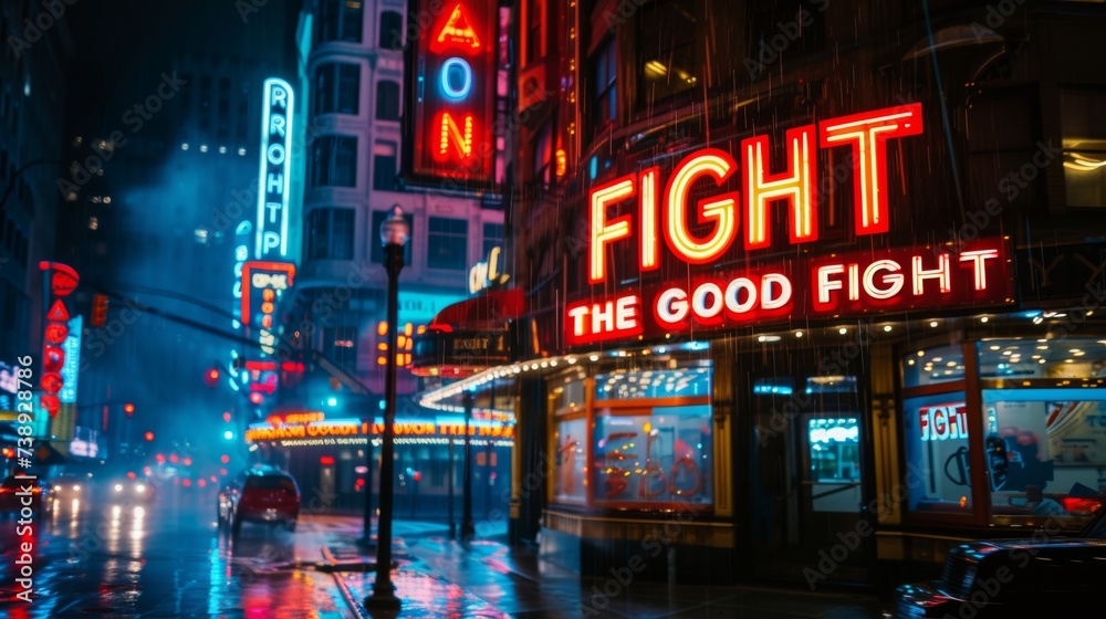 Motivational text  fight the good fight  on blurred background, success and inspiration concept